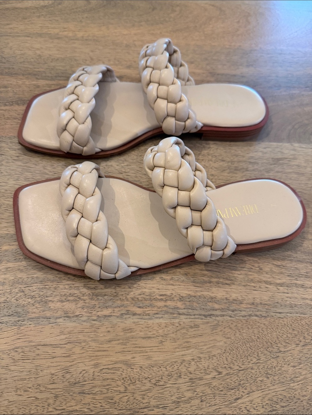 Woven Double-Strap Slide Sandals in Beige